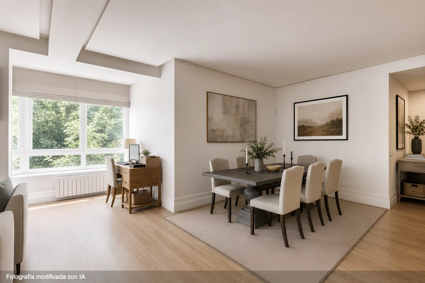 Modern dining room with a dark wooden table, six beige chairs, and a small wooden desk by a window with a garden view.