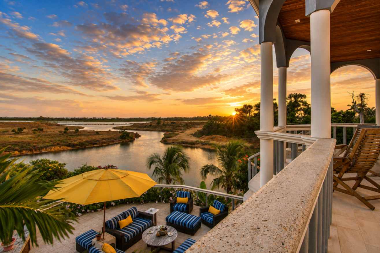View from a balcony overlooking a river at sunset, with a patio below featuring blue striped furniture and a yellow umbrella. [AI-generated text]