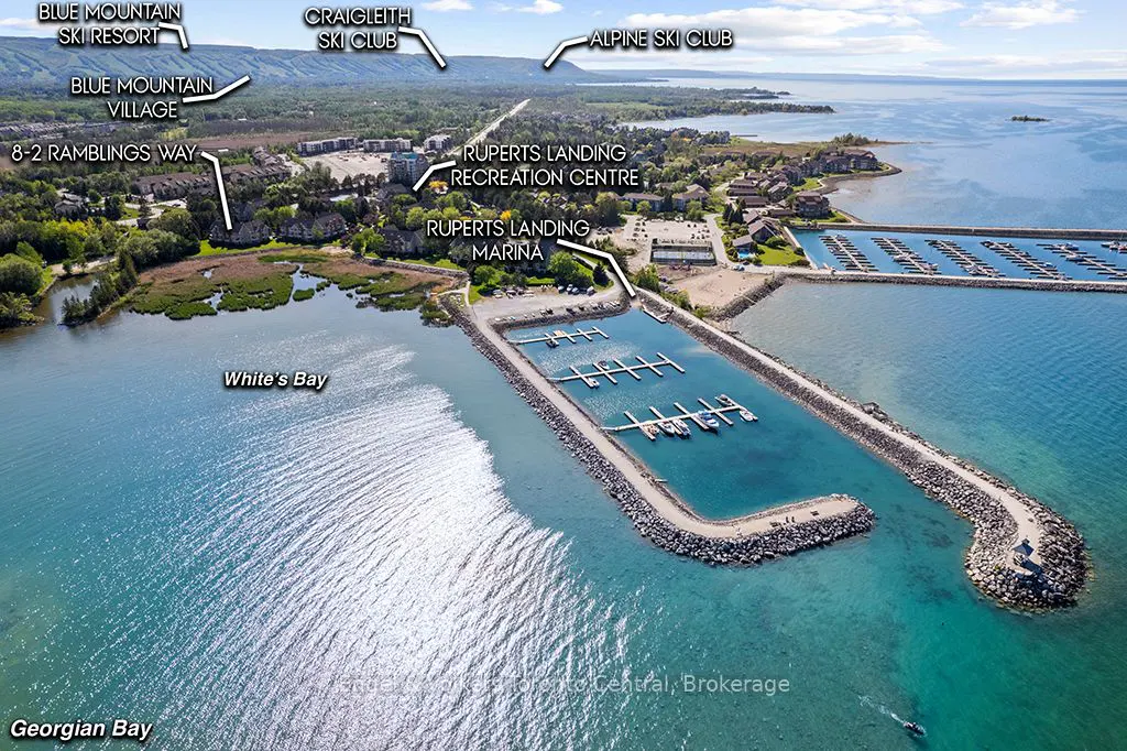Aerial view of Ruperts Landing Marina on Georgian Bay, with labels for nearby ski resorts and residential areas.