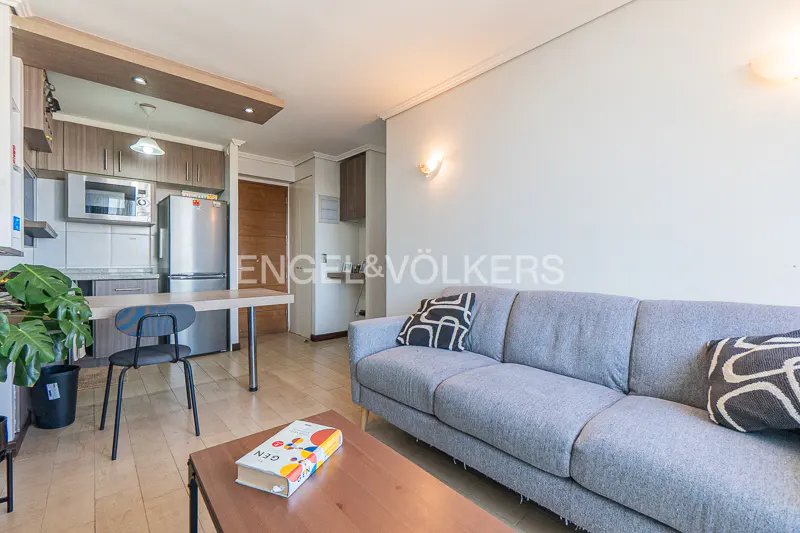 A bright apartment interior with a gray sofa, wood floors, and an open kitchen. A book sits on a wood coffee table.