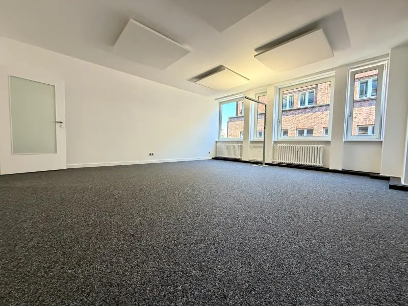 Bright, empty office space with gray carpet, white walls, and three windows. A door is on the left, and soundproofing panels are on the ceiling.
