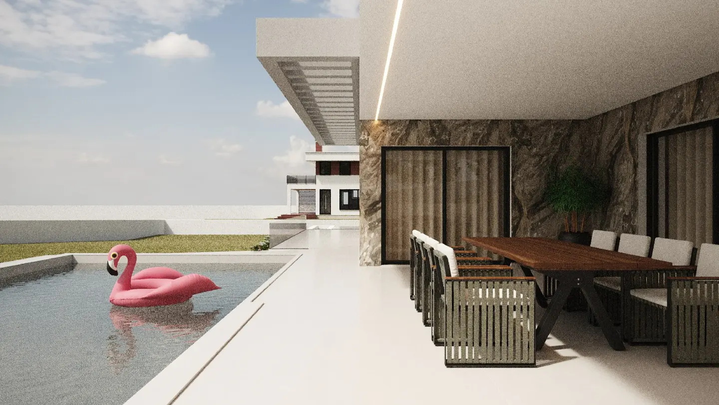 Outdoor patio with a brown table, chairs, and a pink flamingo float in the pool.