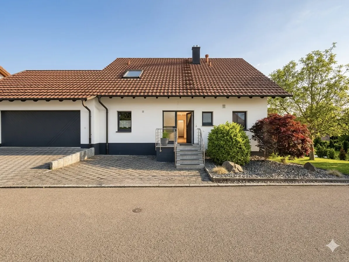 White house with a brown tiled roof, dark garage door, and paved driveway under a clear blue sky.