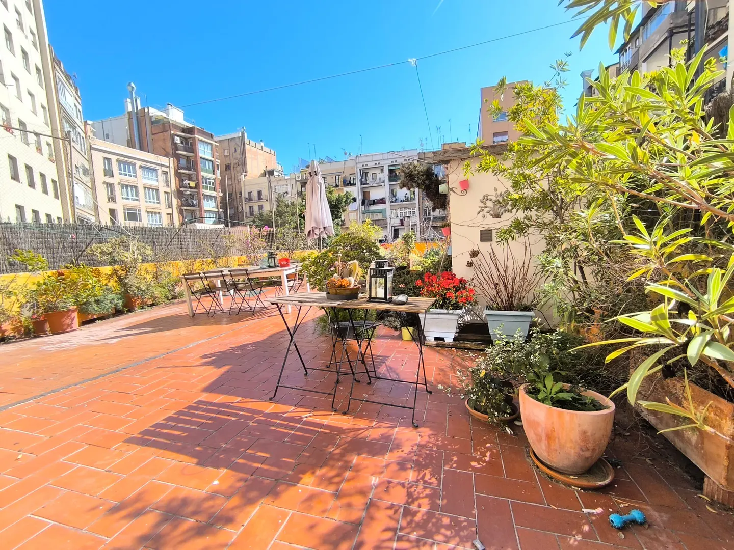 Rooftop terrace with brick flooring, tables, chairs, and potted plants. Buildings are visible in the background under a clear blue sky.