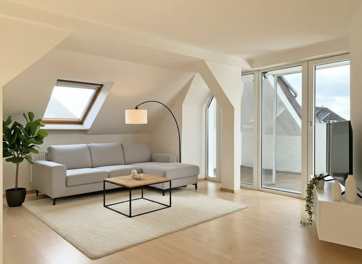 Bright attic living room with a light gray sectional sofa, wooden coffee table, floor lamp, and large glass balcony doors.
