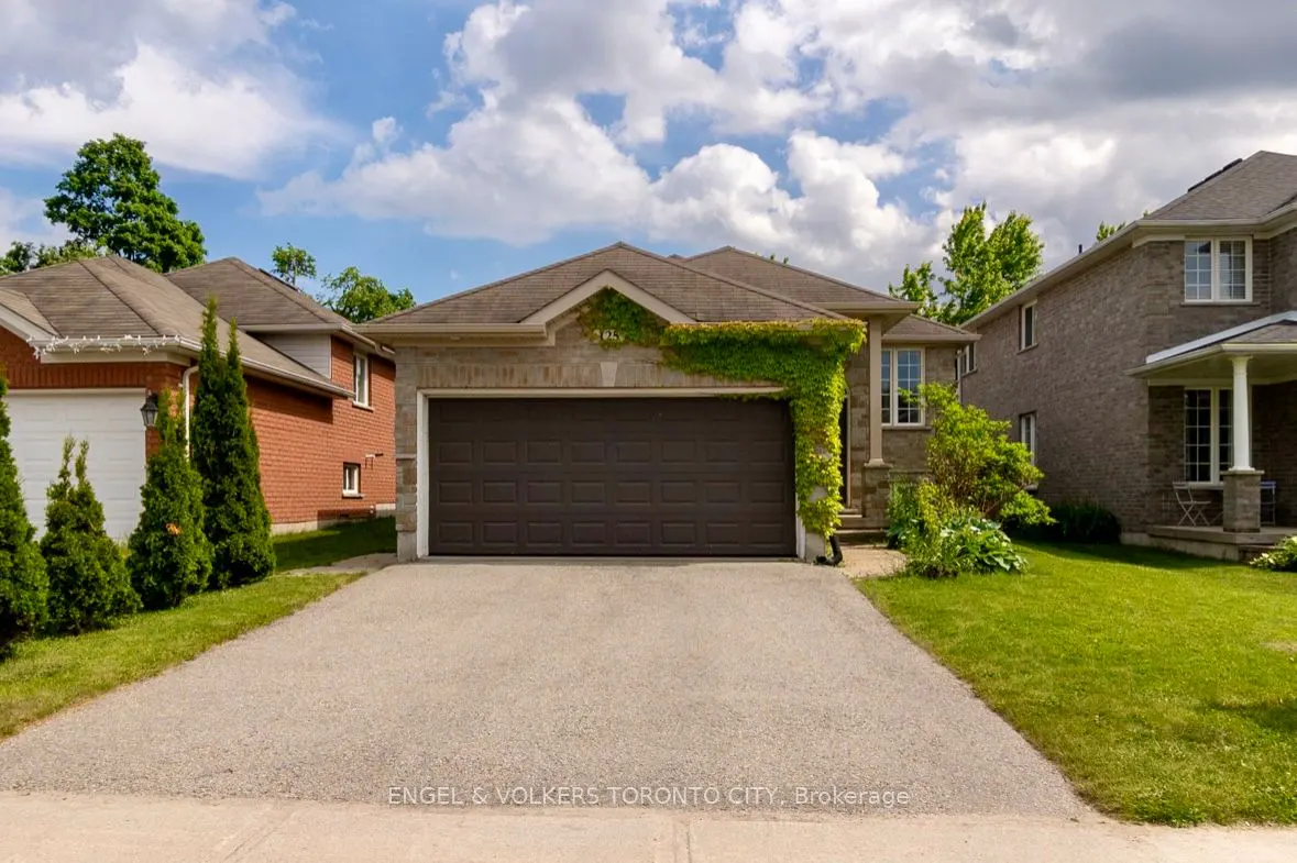 A one-story house with a brown garage door and green vines on the right side.