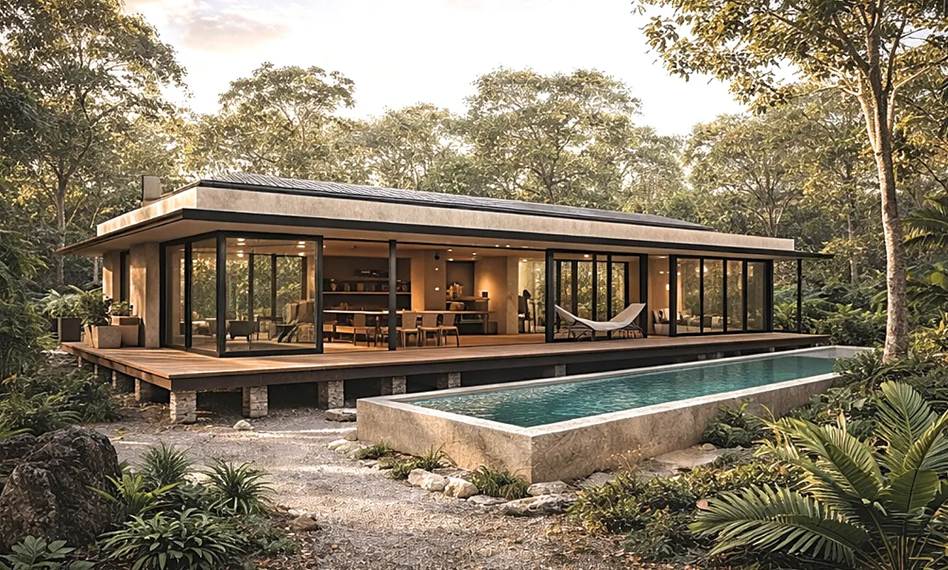 Modern house with black framed windows, a wooden deck, and a rectangular pool surrounded by lush greenery.