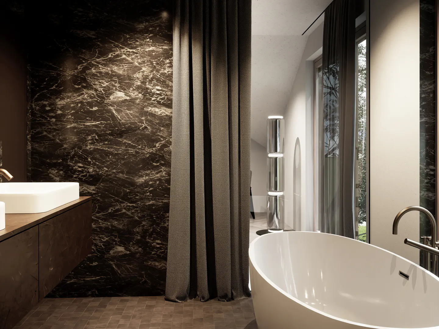Modern bathroom with a white tub, marble wall, and brown vanity. Gray curtains frame a window with a view of trees.