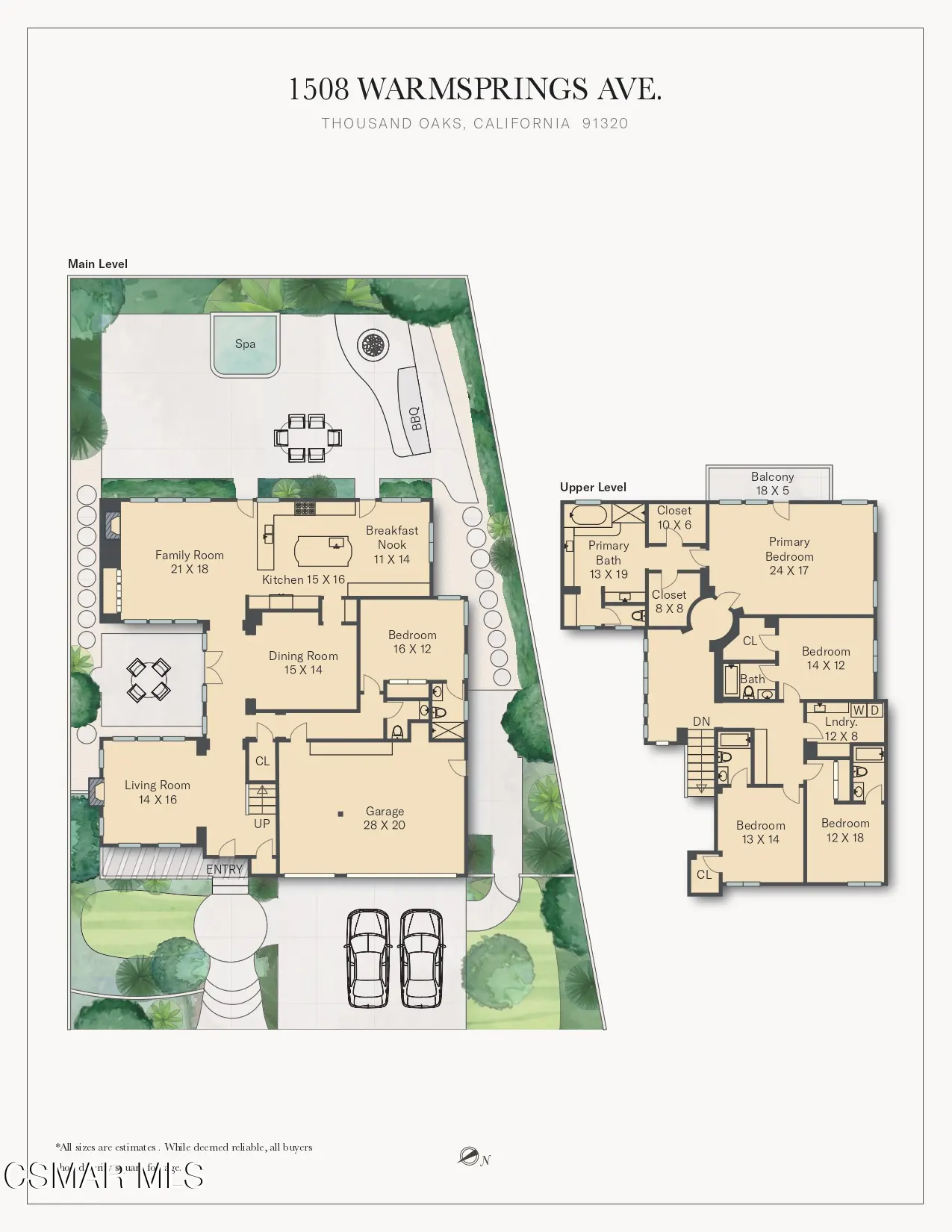 Floor plan for 1508 Warmsprings Ave, Thousand Oaks, showing main and upper level layouts with room dimensions and yard.