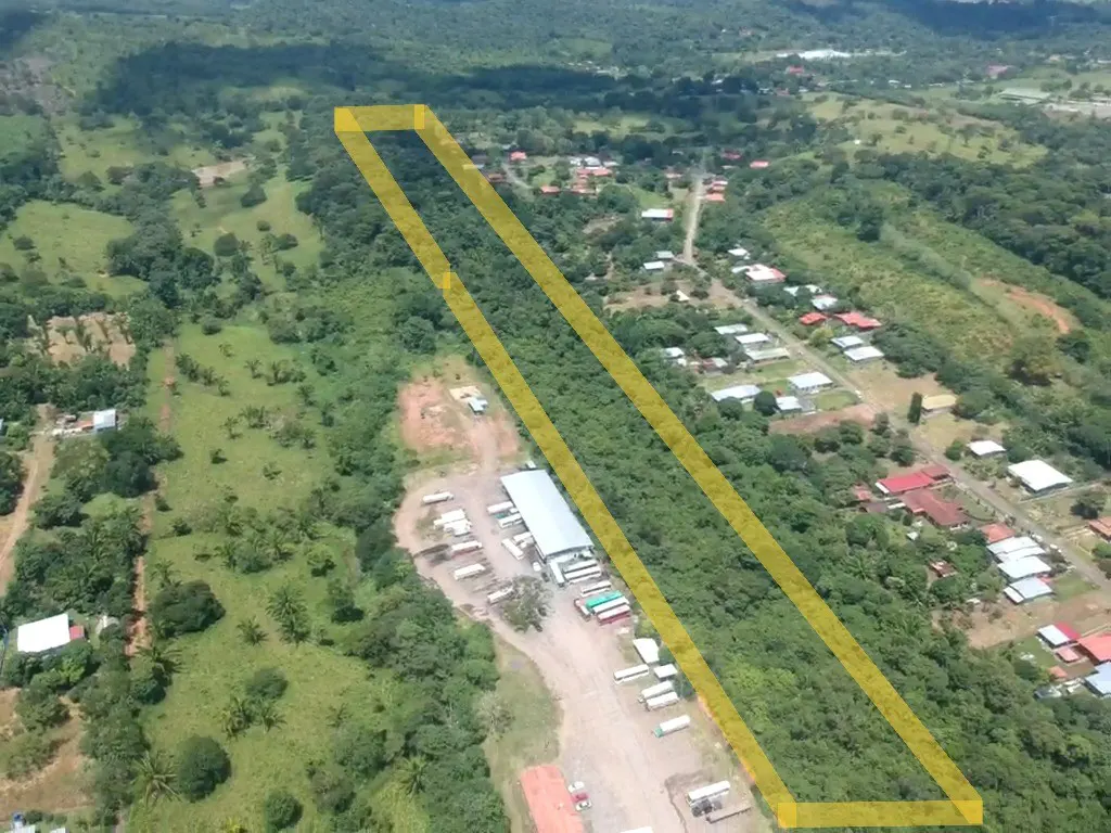 Aerial view of a rectangular property outlined in yellow, surrounded by lush greenery, a building, and a small town.