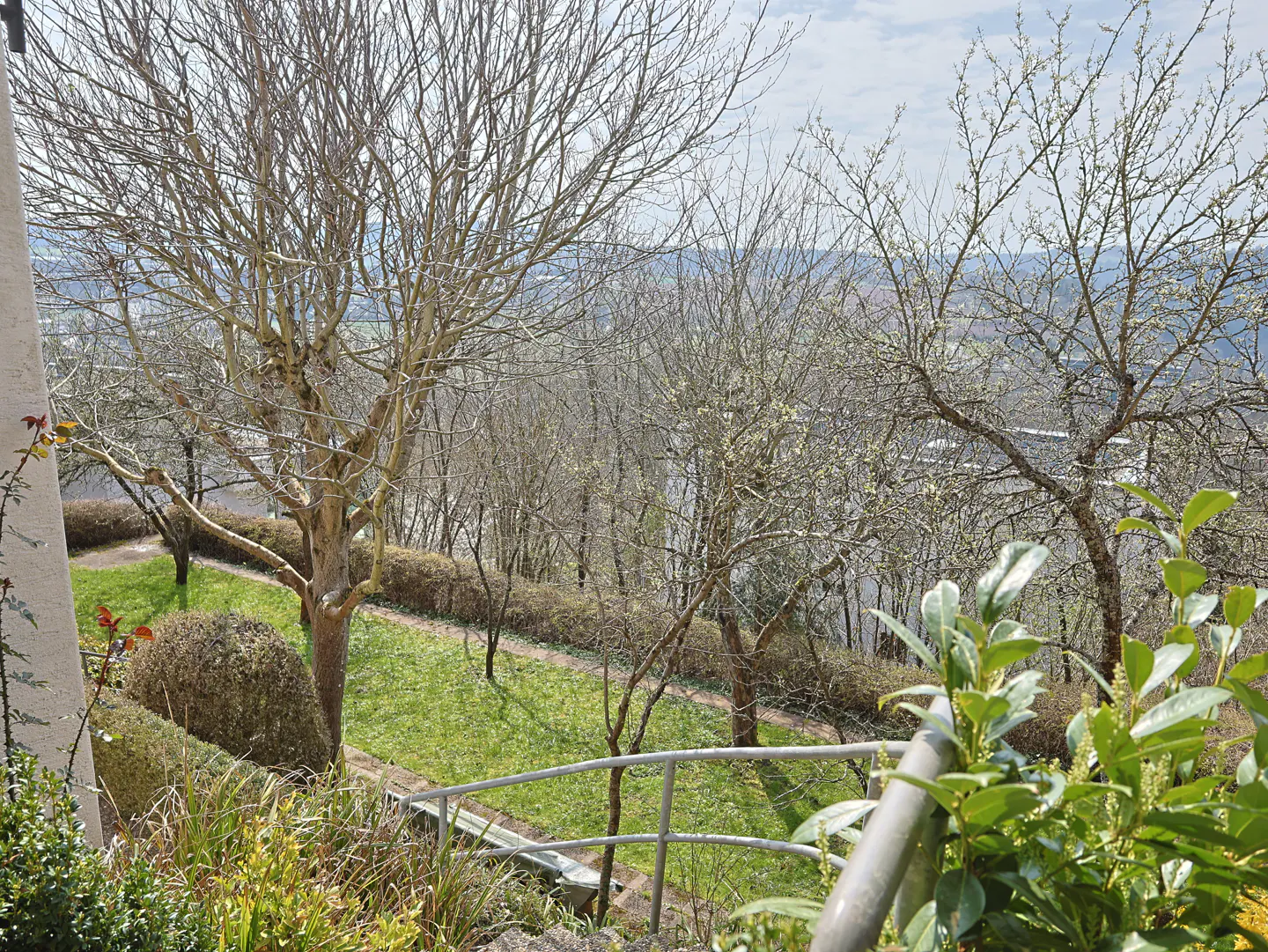View from a garden with trees, green grass, and a metal railing, overlooking a distant landscape.