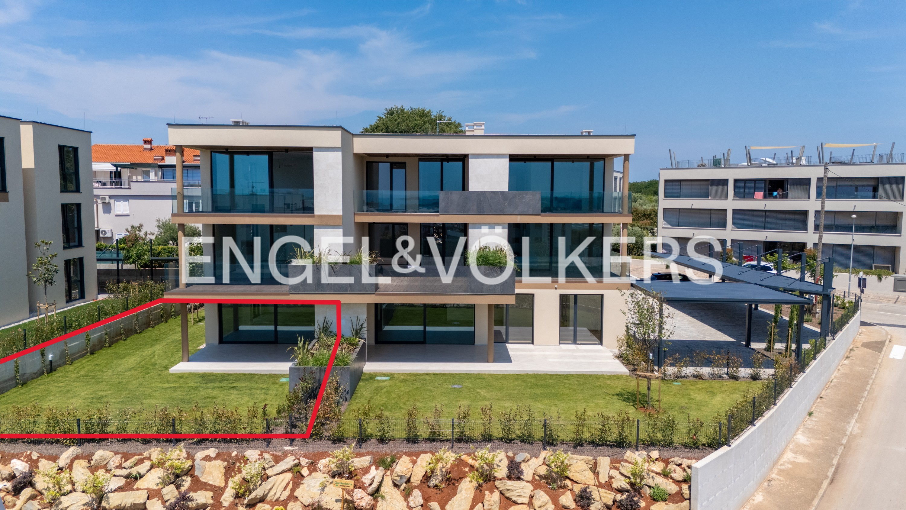 Stylish 3-room garden apartment with sea view and south-facing terrace near the coast (Building B)