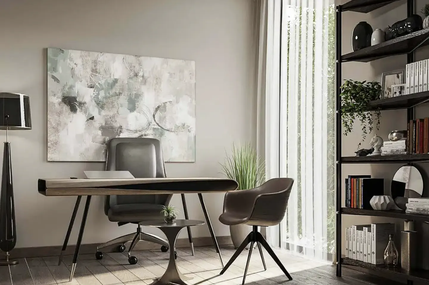 Modern home office with a gray desk, chair, and abstract art. A black bookshelf stands near a window with sheer curtains.
