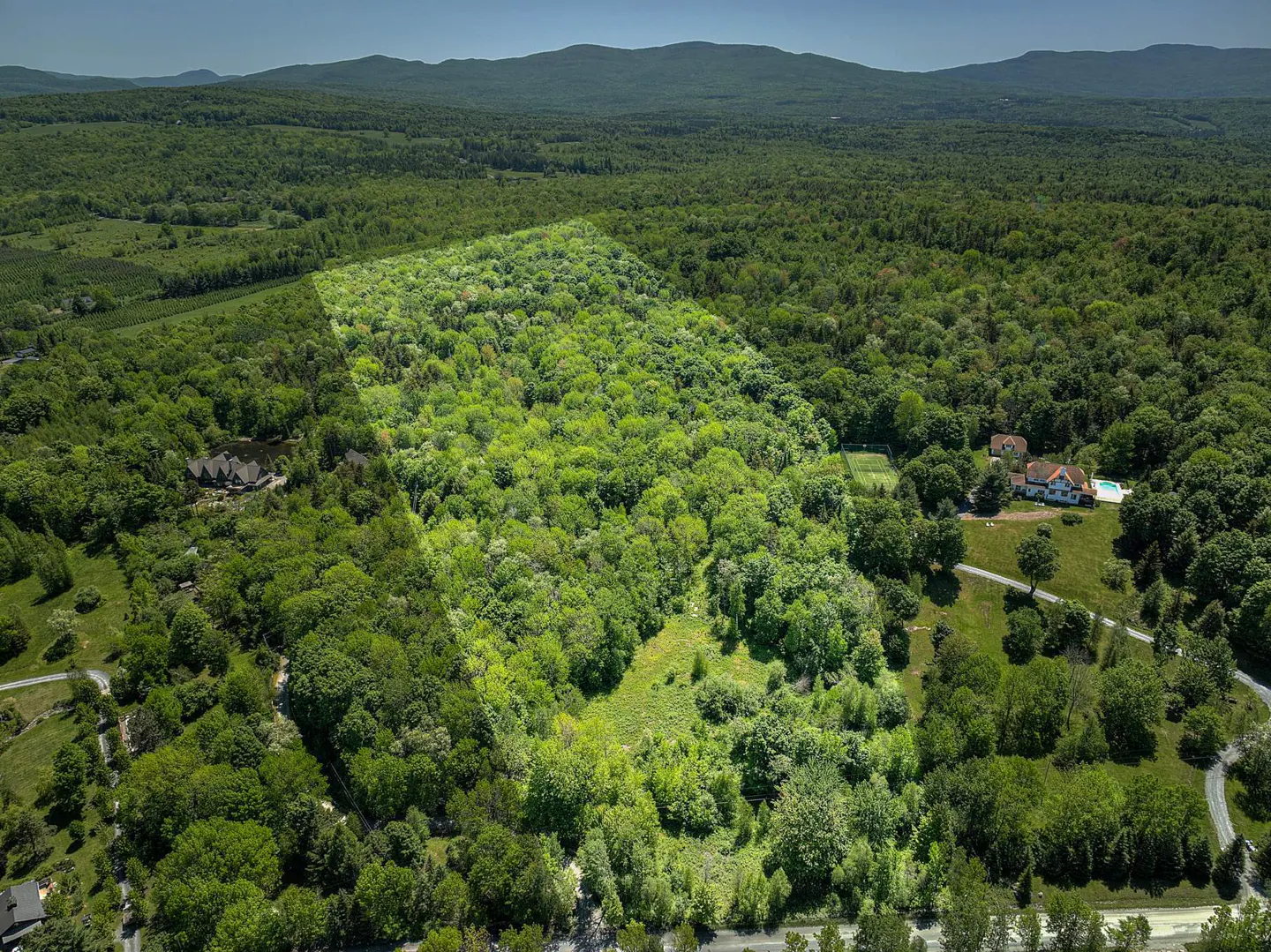 Aerial view of a wooded property with a faint white outline, surrounded by lush green trees and distant mountains.
