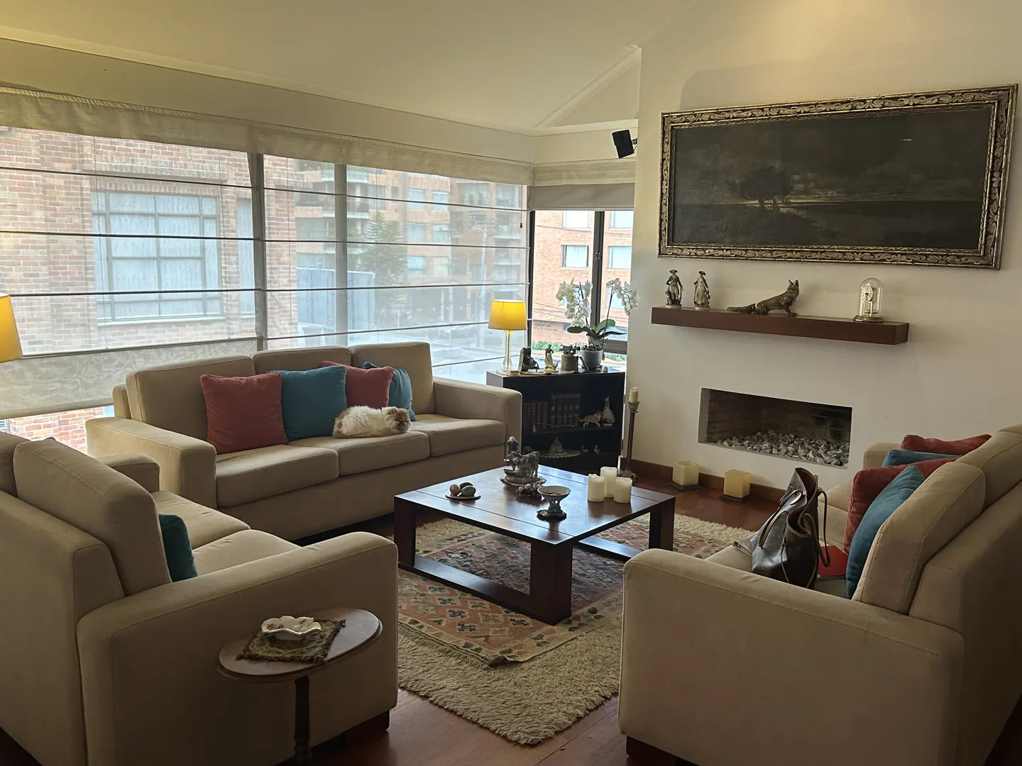 Living room with beige sofas, colorful pillows, and a dog sleeping on one. A dark wood coffee table sits on a patterned rug. A fireplace and art hang on the wall.