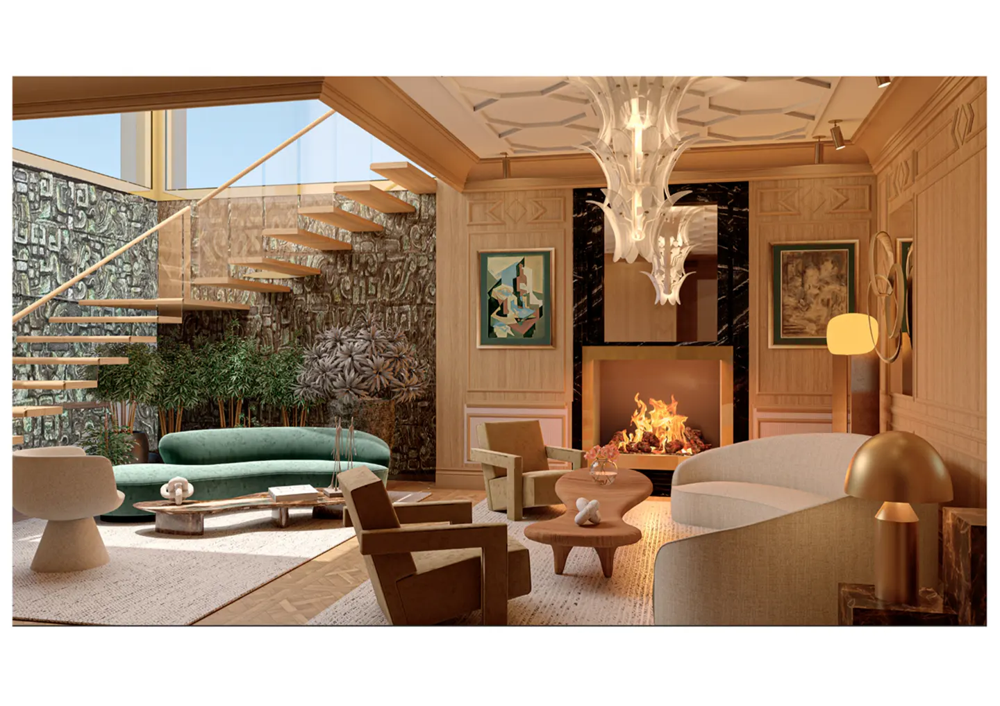 A luxurious living room with a fireplace, a green sofa, and wooden stairs. A modern chandelier hangs from the ceiling.