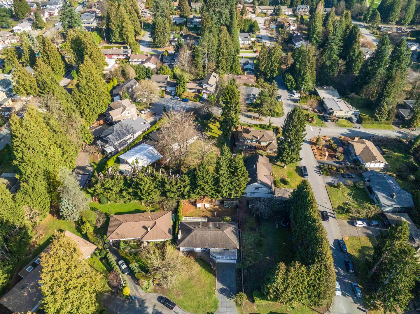 Aerial view of a suburban neighborhood with houses, trees, and streets on a sunny day.