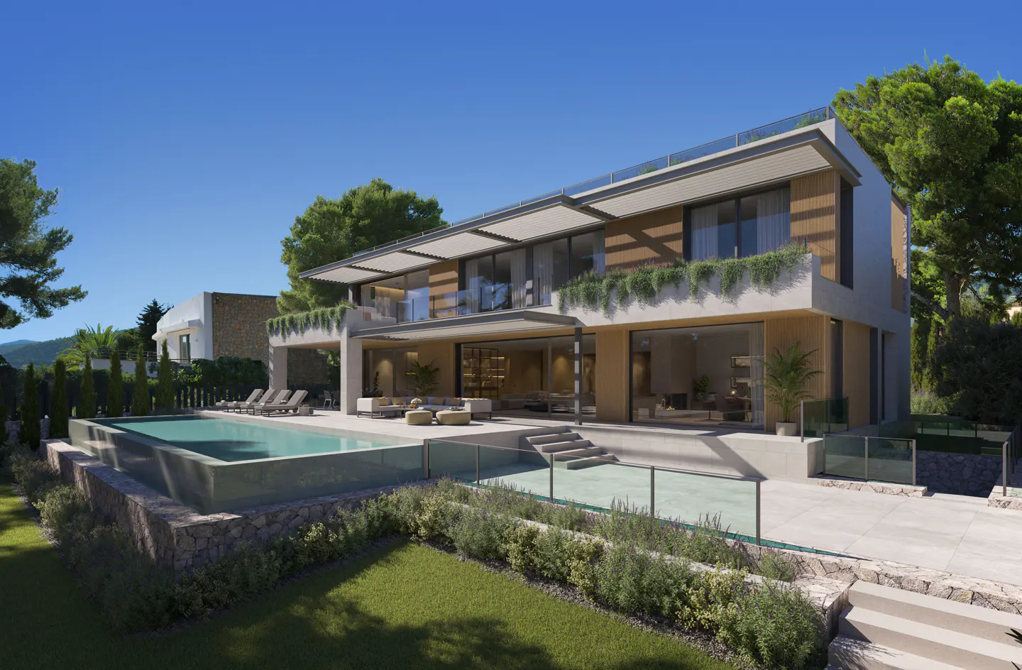 Modern two-story house with a pool. The house has large windows, a balcony, and a pergola. The pool is surrounded by stone and greenery.