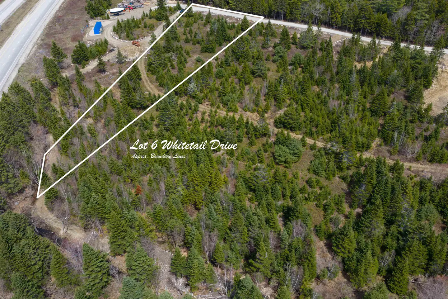 Aerial view of Lot 6 Whitetail Drive, a wooded property with approximate boundary lines marked in white. A road runs along the top edge.