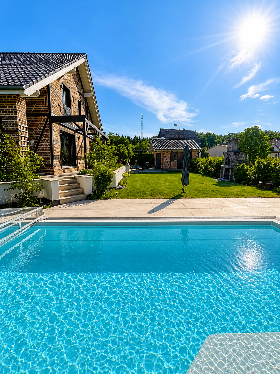 A backyard with a pool in the foreground and a brick house in the background under a bright blue sky.