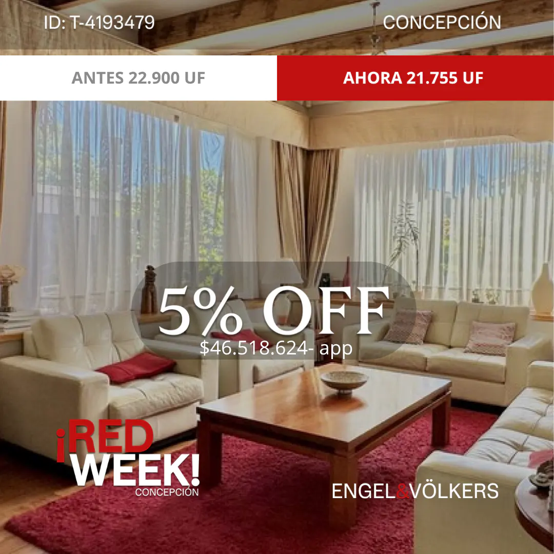 Living room with white sofas, wood table, and red rug. "5% OFF" and "RED WEEK!" text overlays. Engel & Völkers logo.