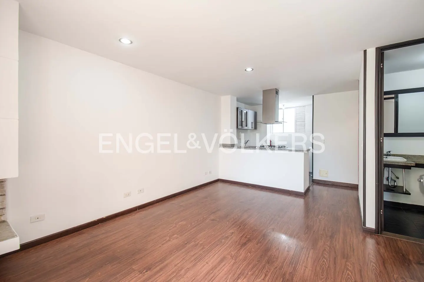 Bright, open-concept apartment with hardwood floors, white walls, and a modern kitchen with stainless steel appliances. A bathroom is visible.