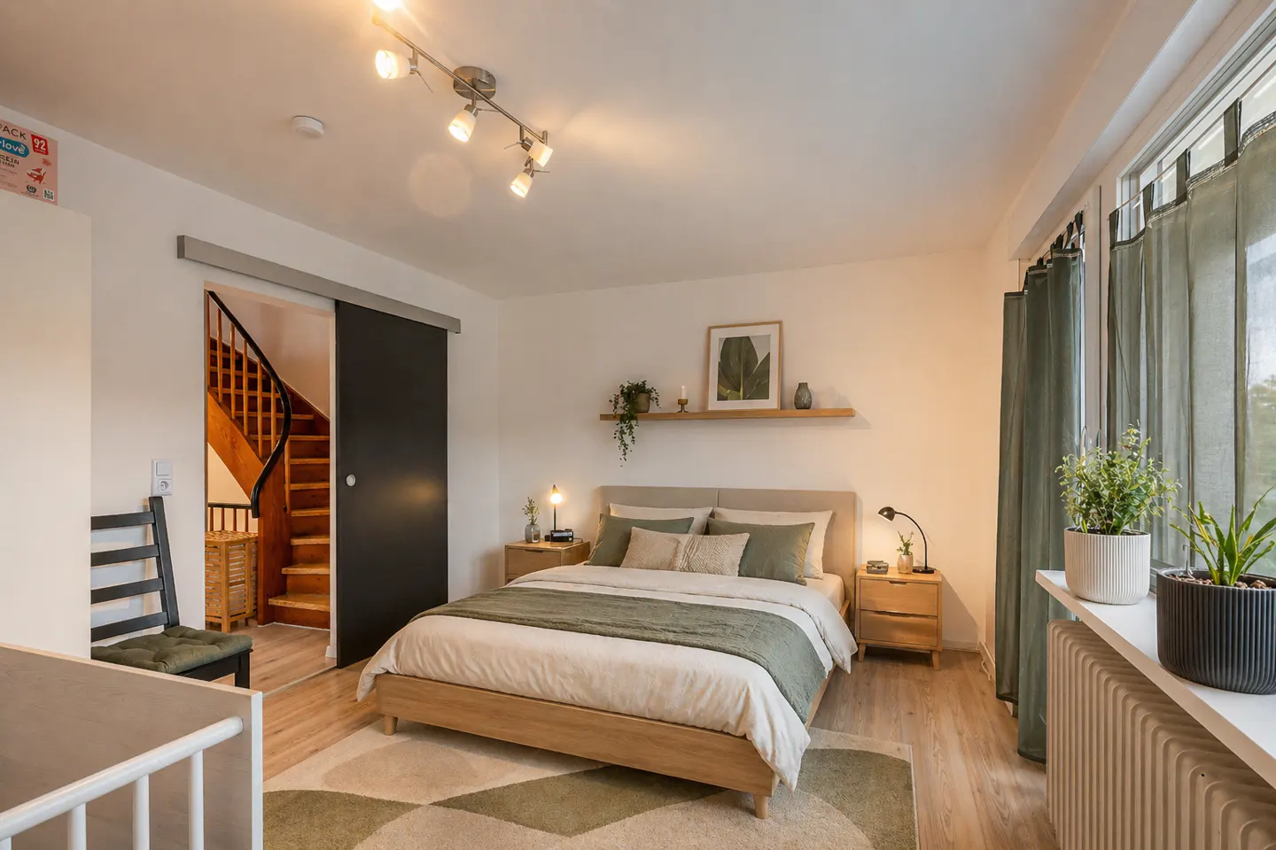 Bright bedroom with a wooden bed, green accents, and a sliding black door revealing a staircase. Plants adorn the windowsill and shelf.