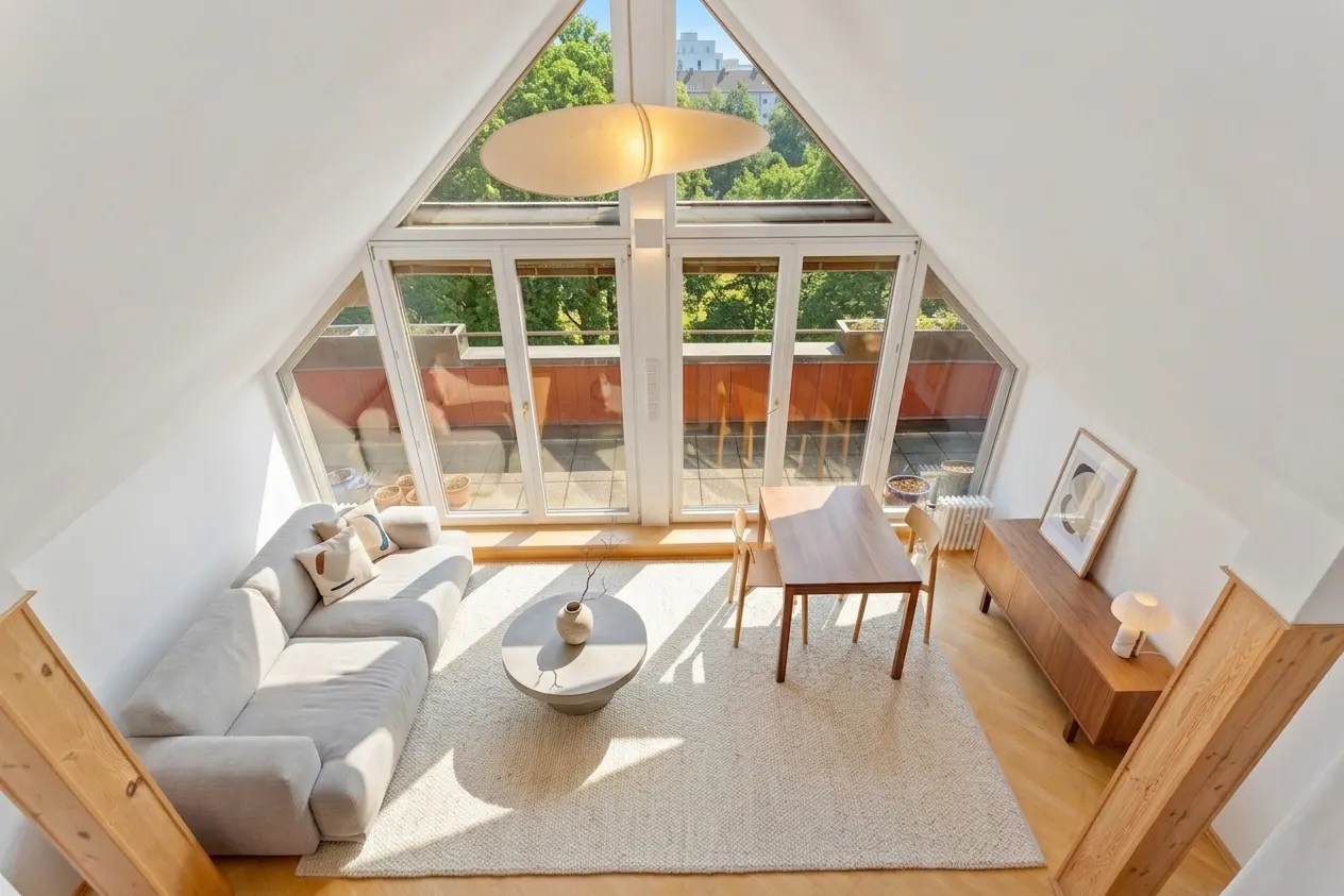 Bright, modern attic living room with a gray sofa, wood table, and a triangular window overlooking a green balcony.