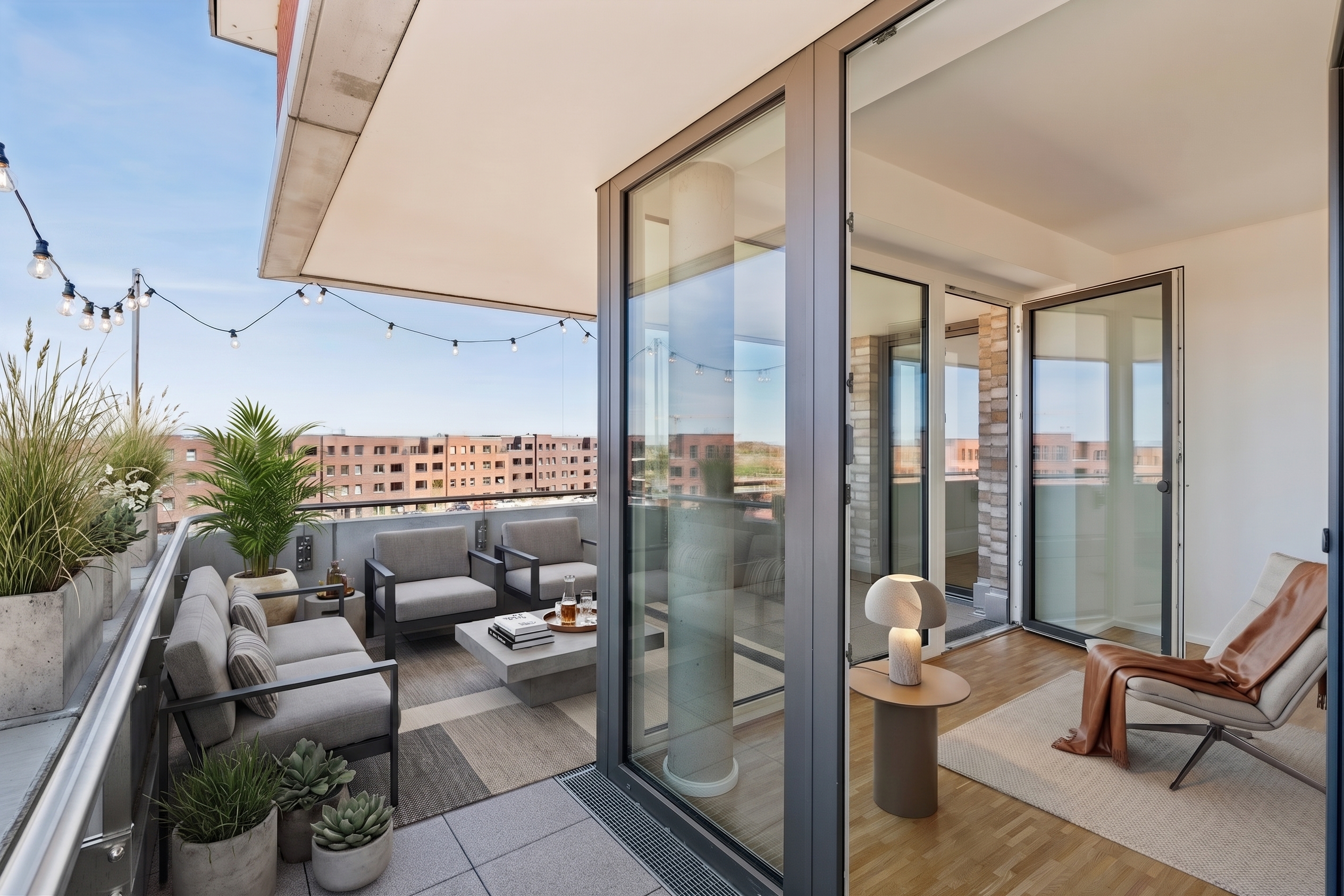 A modern balcony with gray furniture, plants, and string lights overlooks a city. Sliding glass doors lead to an indoor seating area.