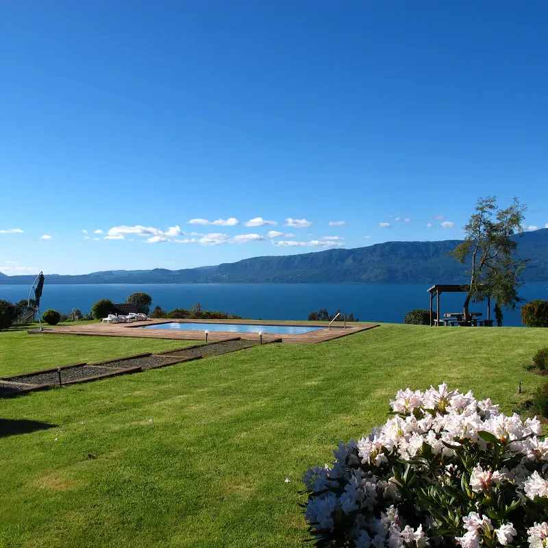 Lush green lawn with pool overlooking a lake and mountains under a clear blue sky. White flowers in the foreground.