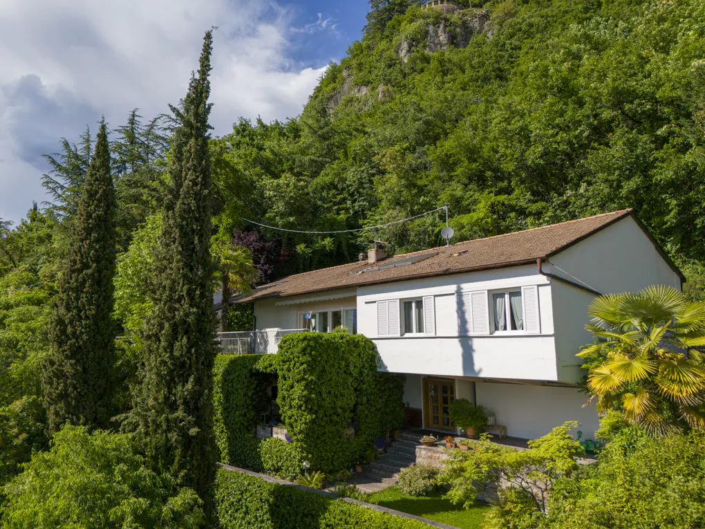 A white two-story house with a brown roof, surrounded by lush green trees and foliage.