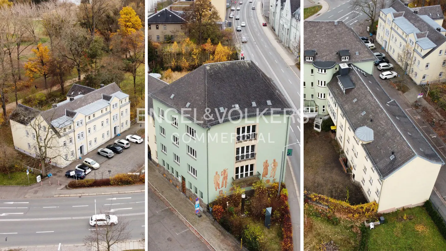 Three-panel aerial view of a pale yellow building with a gray roof, cars parked nearby, and an Engel & Völkers logo.