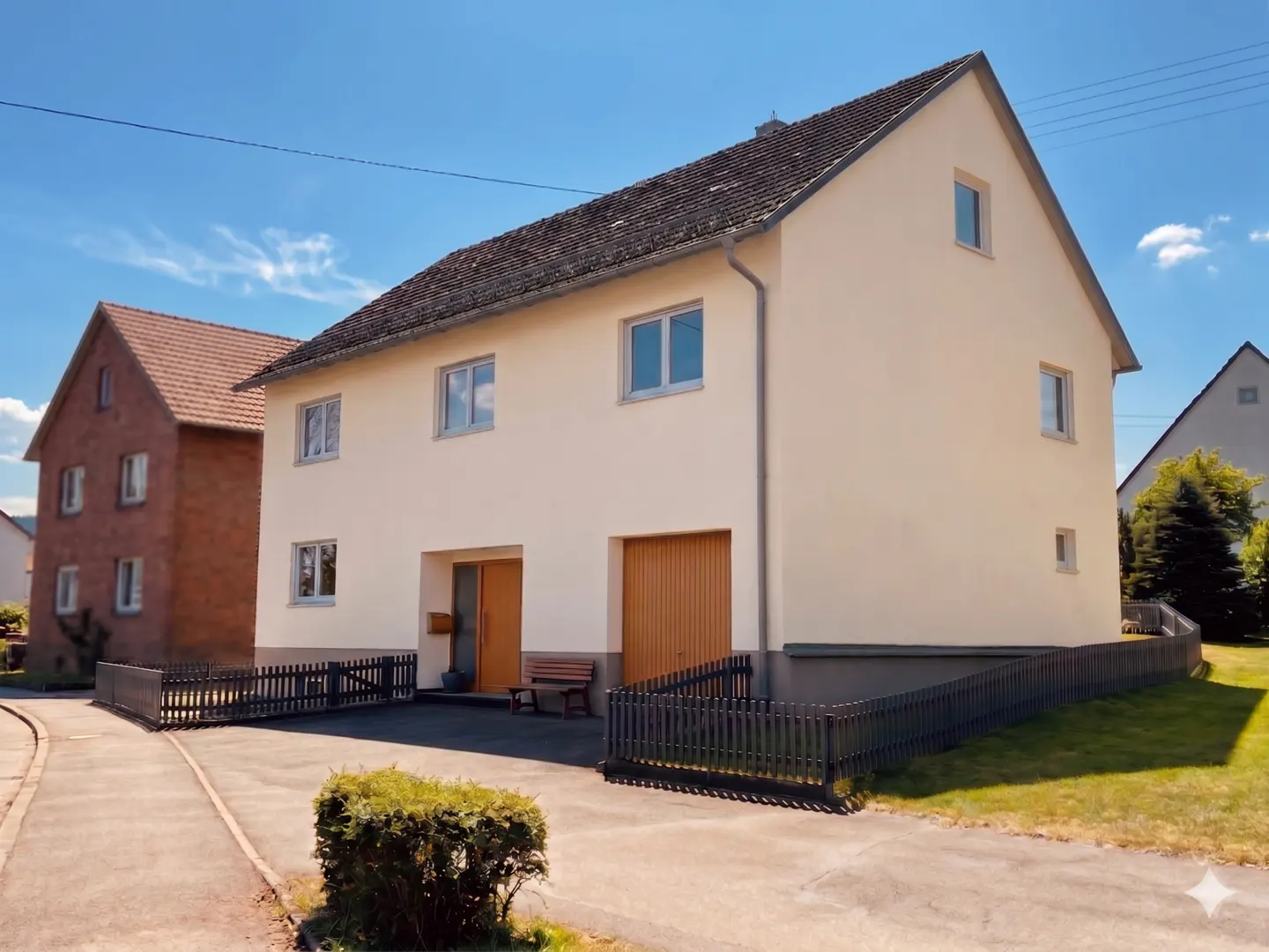 Two-story cream house with a brown roof, garage, and a dark gray fence on a sunny day.