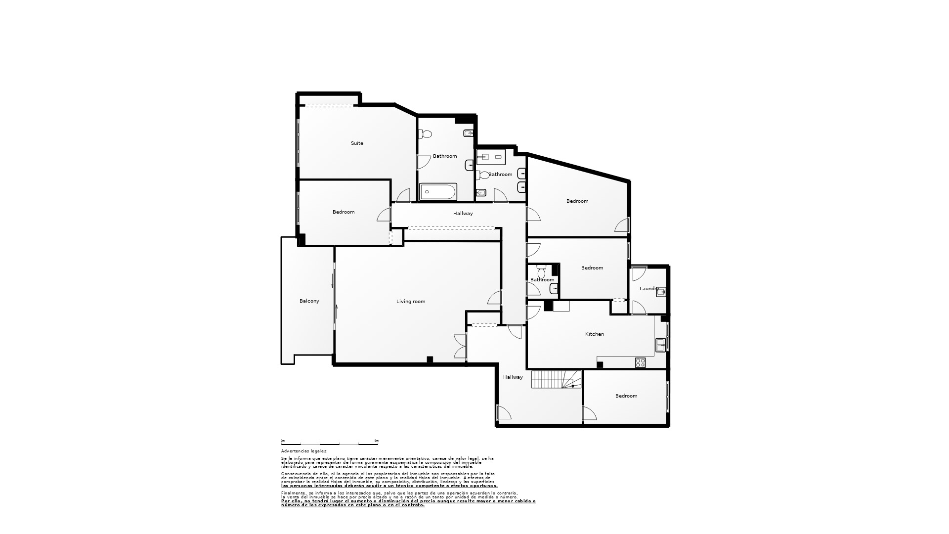 Floor plan of a house with bedrooms, bathrooms, living room, kitchen, balcony, laundry, and hallways.