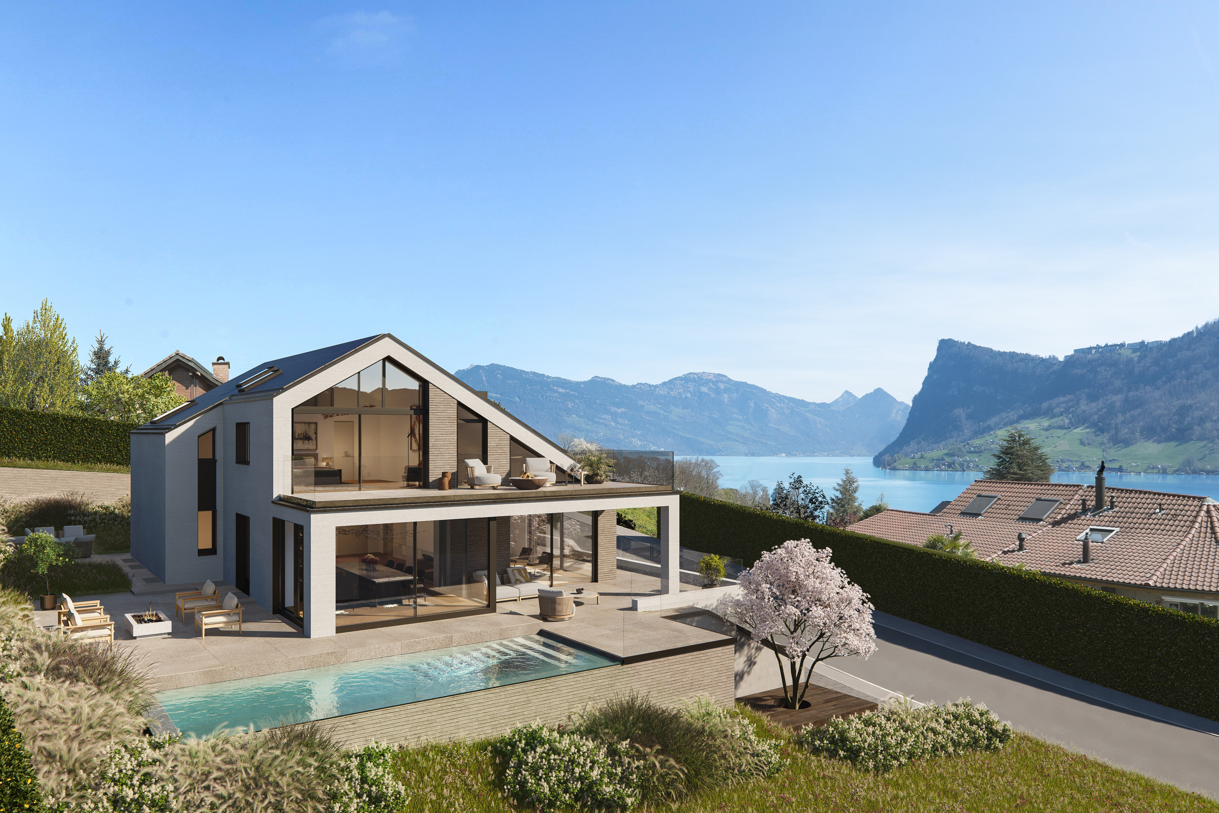 Panoramavilla in Kastanienbaum: Exklusiver Ausbau, Seeblick, Pool & Privatsphäre