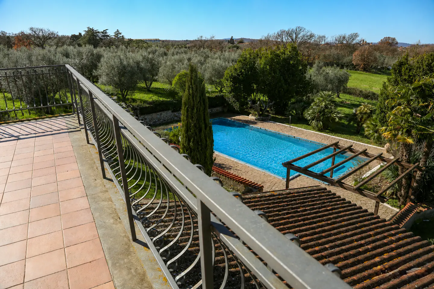 View from a balcony with a metal railing overlooking a blue swimming pool and green landscape with trees under a clear blue sky.