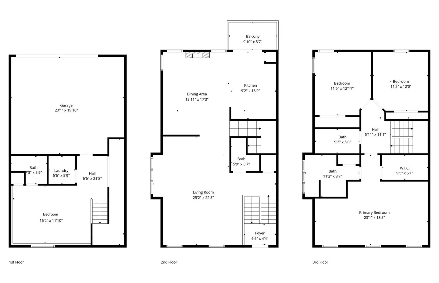 Floor plan of a three-story house, showing room dimensions and layout for each floor. The first floor has a garage and bedroom.