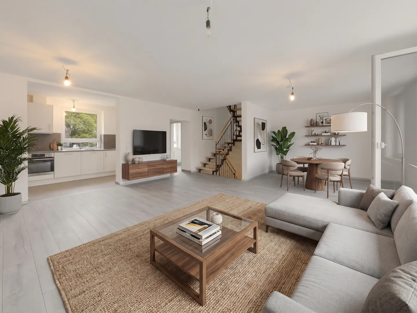 Bright, open-concept living space with a gray sectional sofa, wood coffee table, and jute rug. Kitchen, dining area, and staircase are visible.