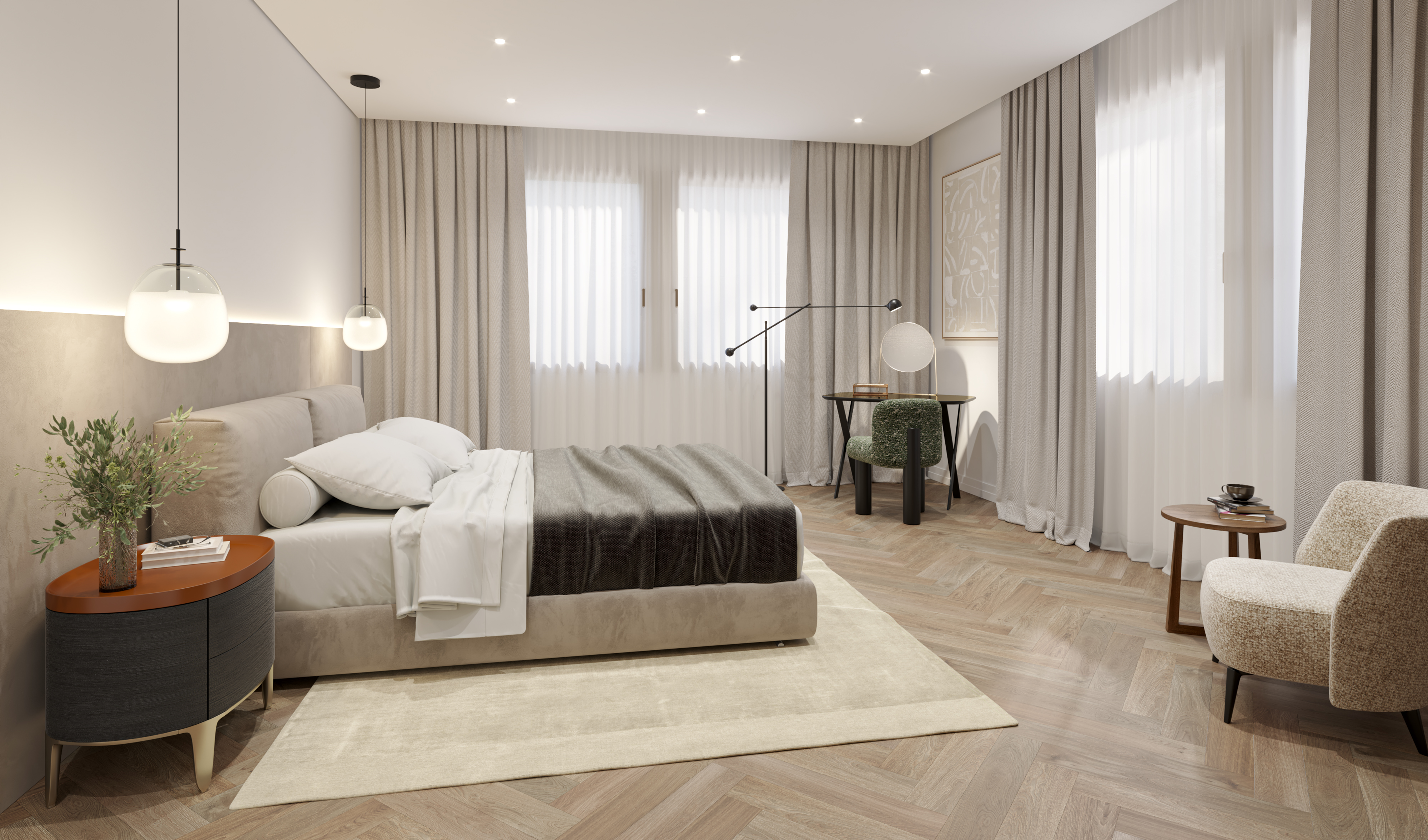 Modern bedroom with a beige bed, herringbone wood floors, floor-to-ceiling curtains, a small desk, and a textured armchair. [AI-generated text]
