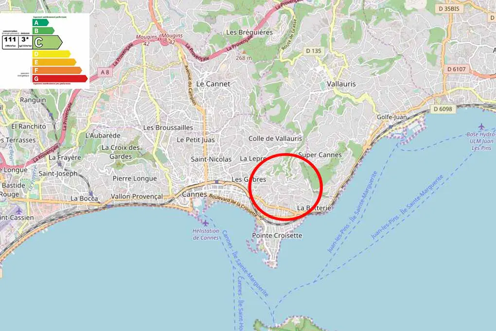 Map view of Cannes, France, with a red circle highlighting the Super Cannes area. Energy efficiency rating C is displayed.