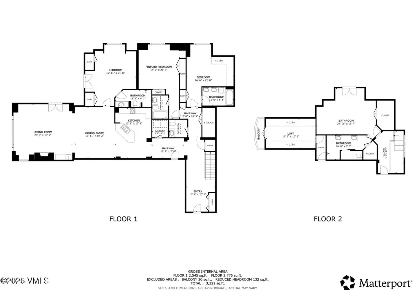 Two-story floor plan showing room layouts, dimensions, and total area of 3,321 square feet.