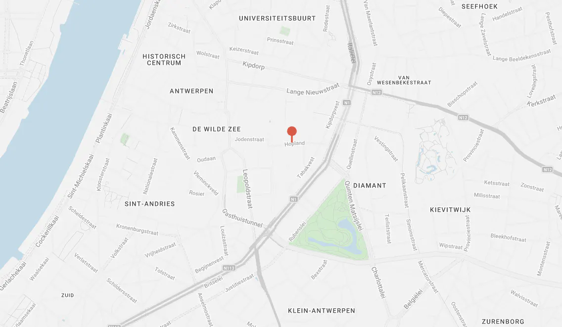 Map of Antwerp, Belgium, with a red pin marking a location near Lange Nieuwstraat. Streets and neighborhoods are labeled in black text.