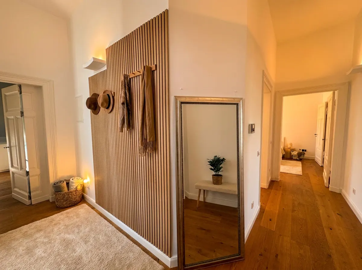 Hallway with wood floors, white walls, and a wood slat accent wall. A mirror reflects a bench and plant. Hats and a scarf hang on the wall.
