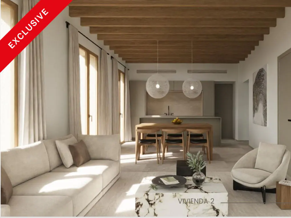 Bright, modern living space with a beige sofa, marble coffee table, and wooden dining set under pendant lights. "Exclusive" banner in the corner.