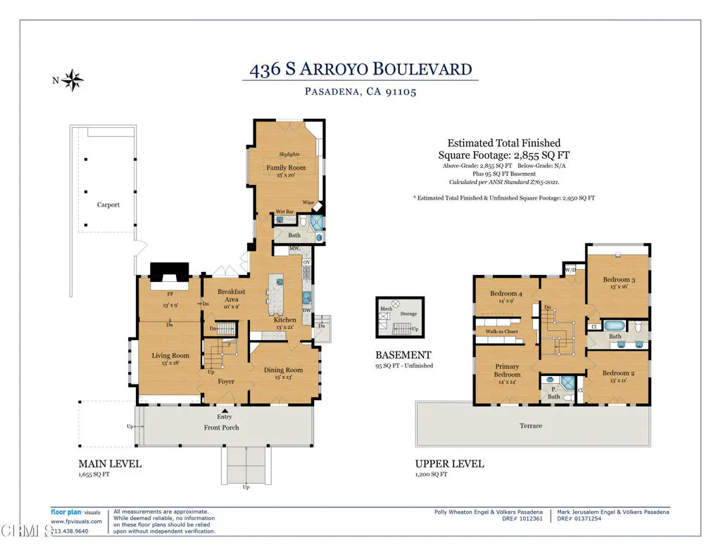 Floor plan of a house at 436 S Arroyo Boulevard, Pasadena, CA. The plan includes the main, upper, and basement levels.