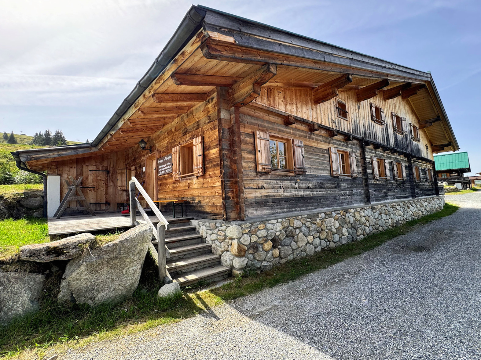 Rustic wooden mountain cabin with a stone foundation, wooden shutters, and a covered porch with stairs on a sunny day. [AI-generated text]