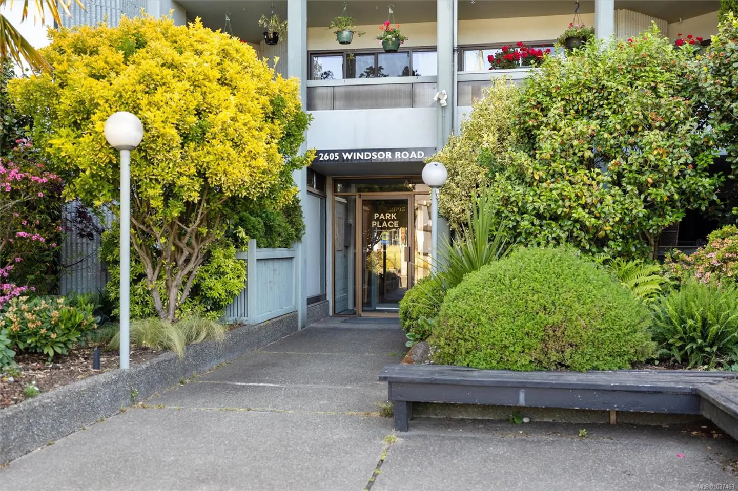 Entrance to Park Place at 2605 Windsor Road, featuring a glass door, concrete walkway, and lush surrounding landscaping.