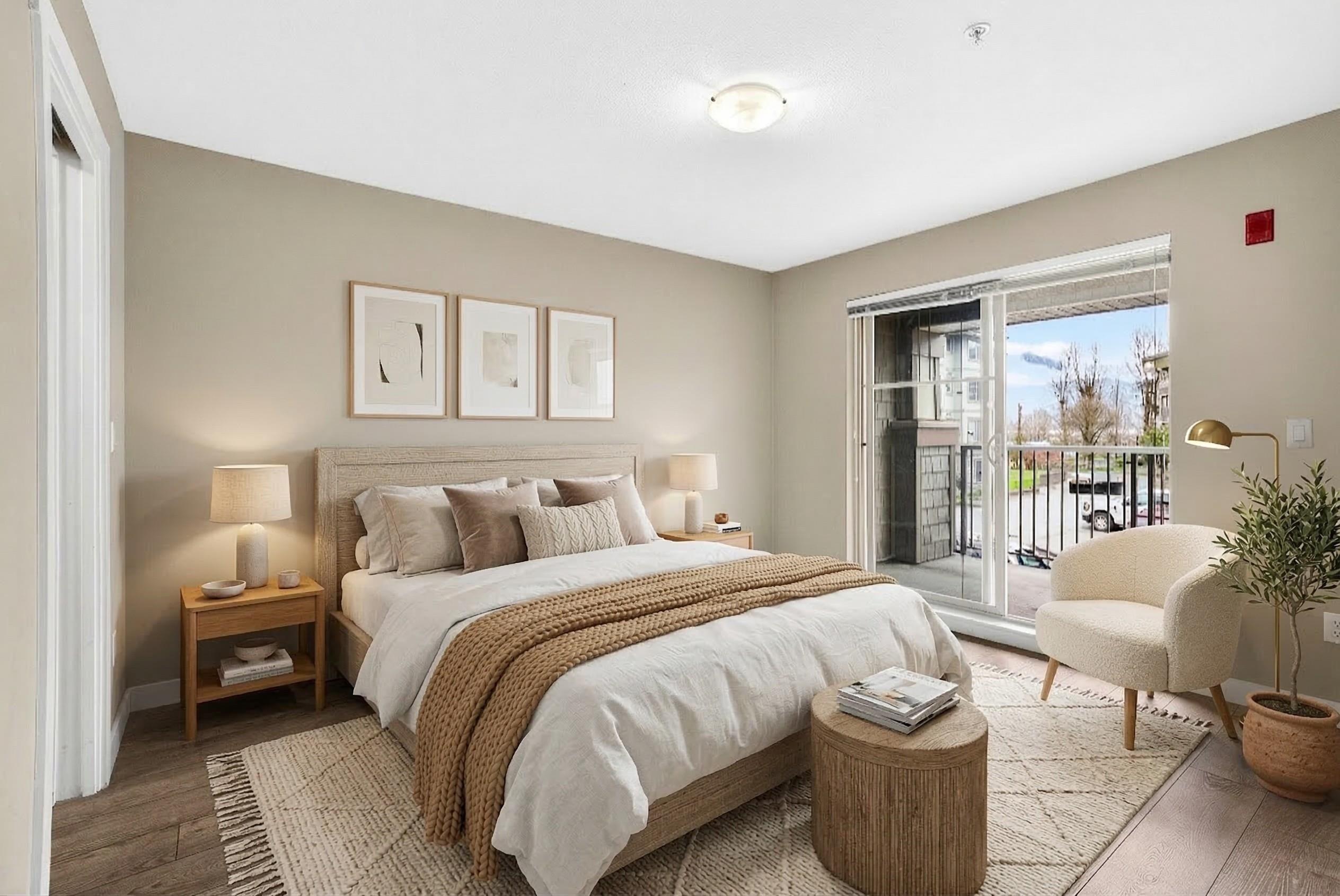 Modern bedroom with a queen bed, beige walls, textured rug, cream armchair, and sliding glass door to a balcony. [AI-generated text]
