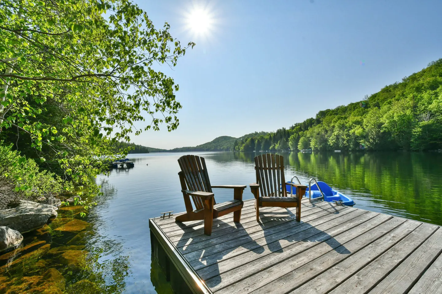 Two wooden chairs sit on a dock overlooking a calm lake surrounded by green trees under a sunny blue sky.