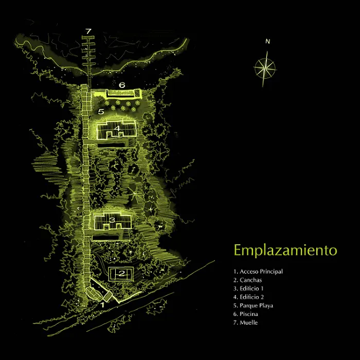 Site plan in yellow on black. It shows buildings, a pool, a pier, and landscaping. A compass rose is in the upper right corner.